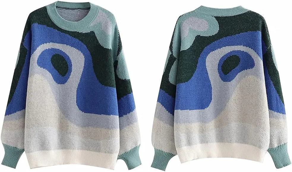 MISSACTIVER Women Casual Knitted Mock Neck Sweater Print Colorblock Long Sleeve Loose Fit Pullover Knitwear