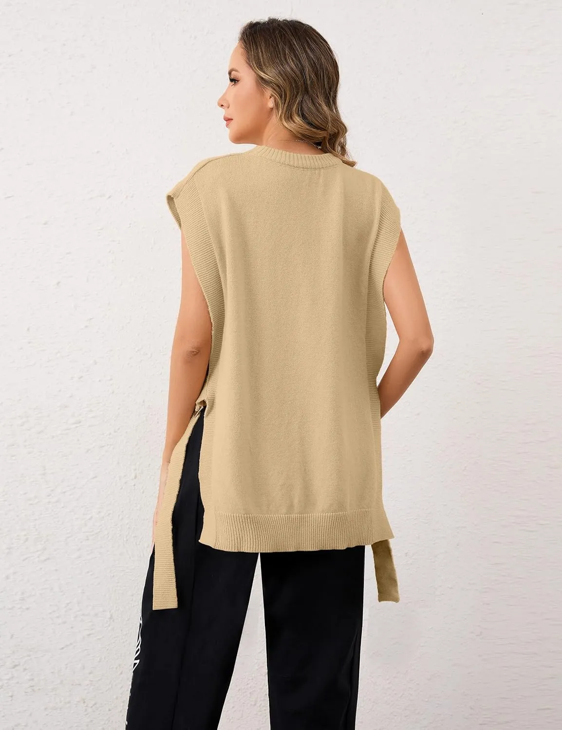 MISSACTIVER Women Oversized Round Neck Sleeveless Sweater Vest Knit High Low Hem Side Tie Solid Color Pullover Tank Tops