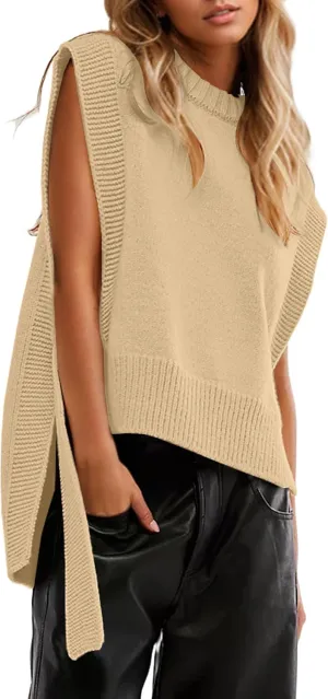 MISSACTIVER Women Oversized Round Neck Sleeveless Sweater Vest Knit High Low Hem Side Tie Solid Color Pullover Tank Tops