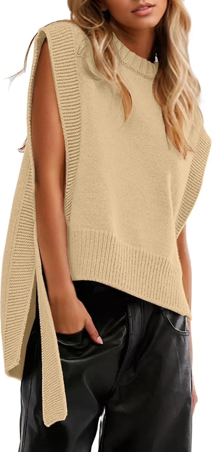 MISSACTIVER Women Oversized Round Neck Sleeveless Sweater Vest Knit High Low Hem Side Tie Solid Color Pullover Tank Tops