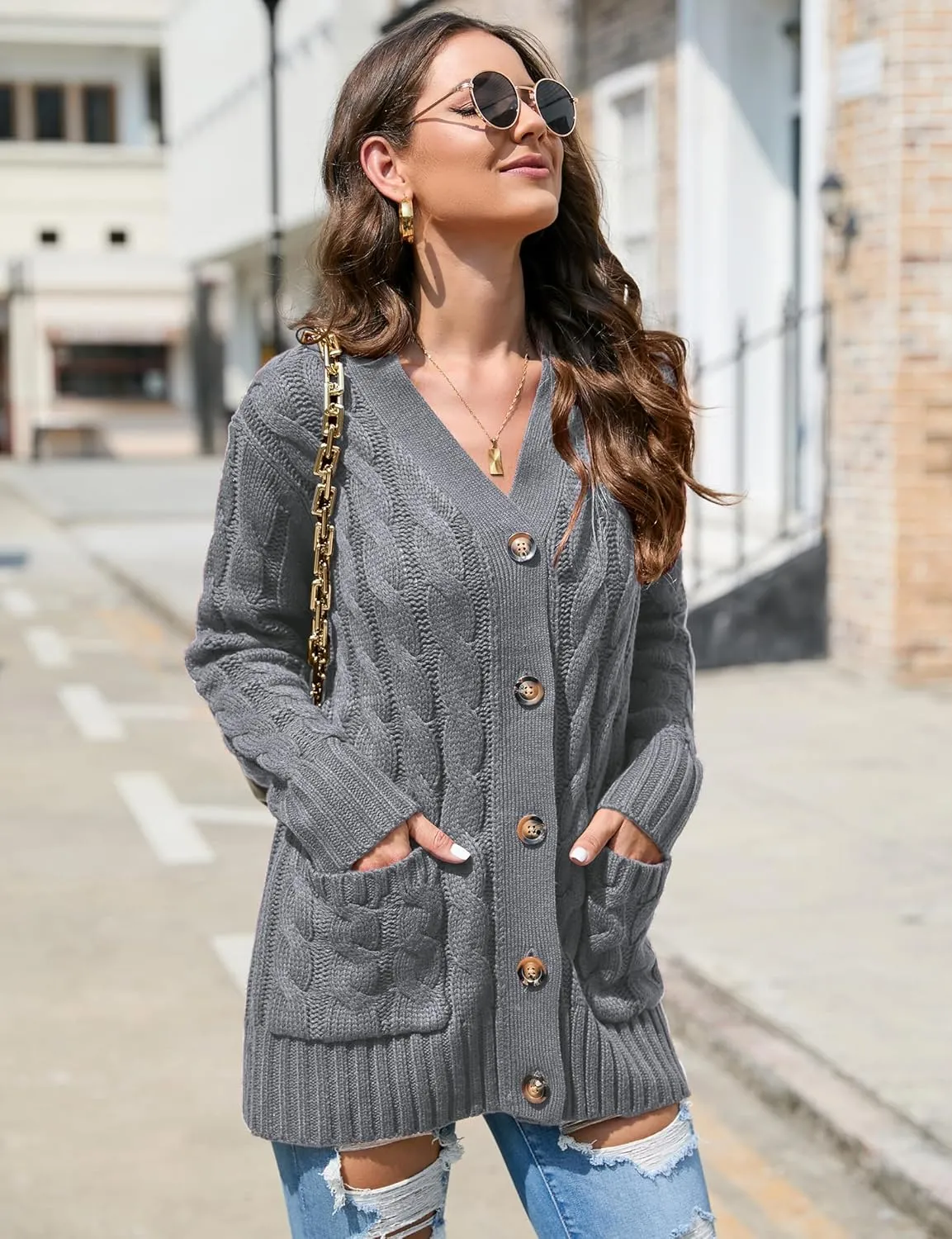 MISSKY Women's Open Front Cardigan Sweater with Pockets Long Sleeve Cable Knit Button Loose Cardigan Sweater Outwear