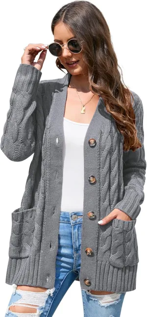 MISSKY Women's Open Front Cardigan Sweater with Pockets Long Sleeve Cable Knit Button Loose Cardigan Sweater Outwear