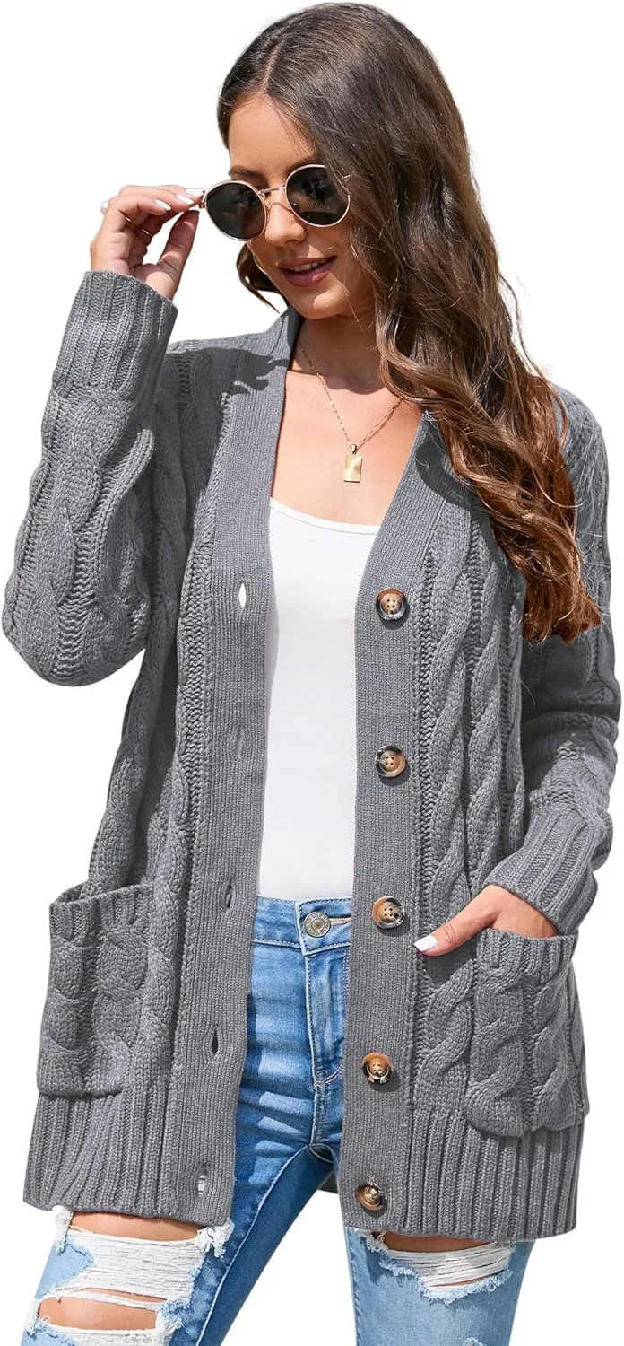 MISSKY Women's Open Front Cardigan Sweater with Pockets Long Sleeve Cable Knit Button Loose Cardigan Sweater Outwear