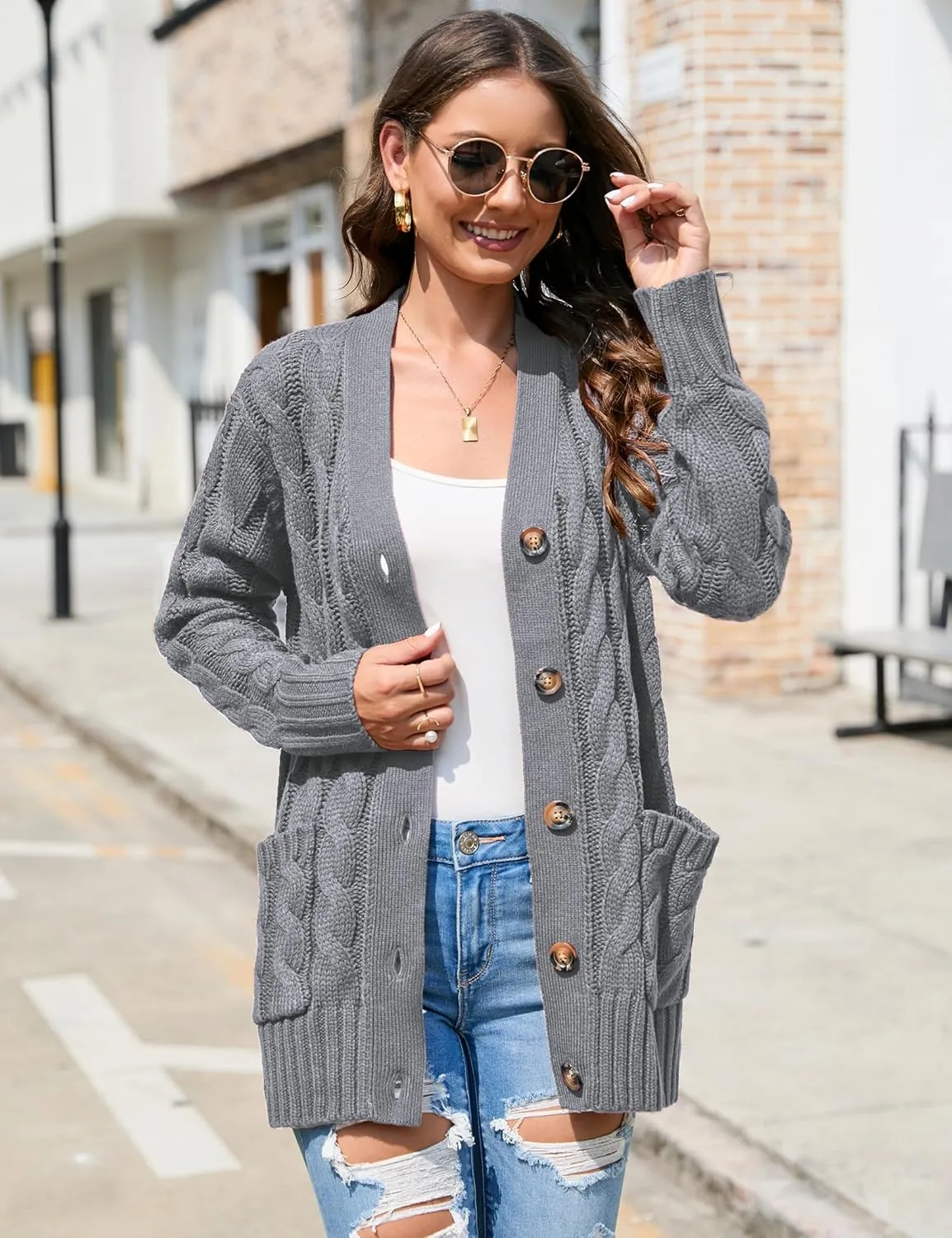MISSKY Women's Open Front Cardigan Sweater with Pockets Long Sleeve Cable Knit Button Loose Cardigan Sweater Outwear