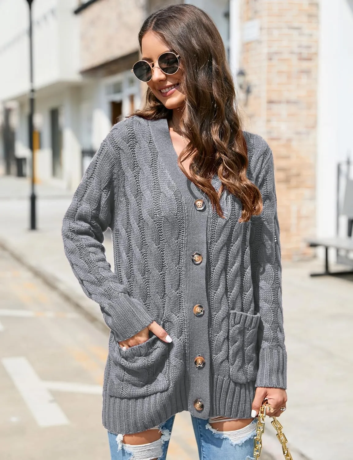 MISSKY Women's Open Front Cardigan Sweater with Pockets Long Sleeve Cable Knit Button Loose Cardigan Sweater Outwear
