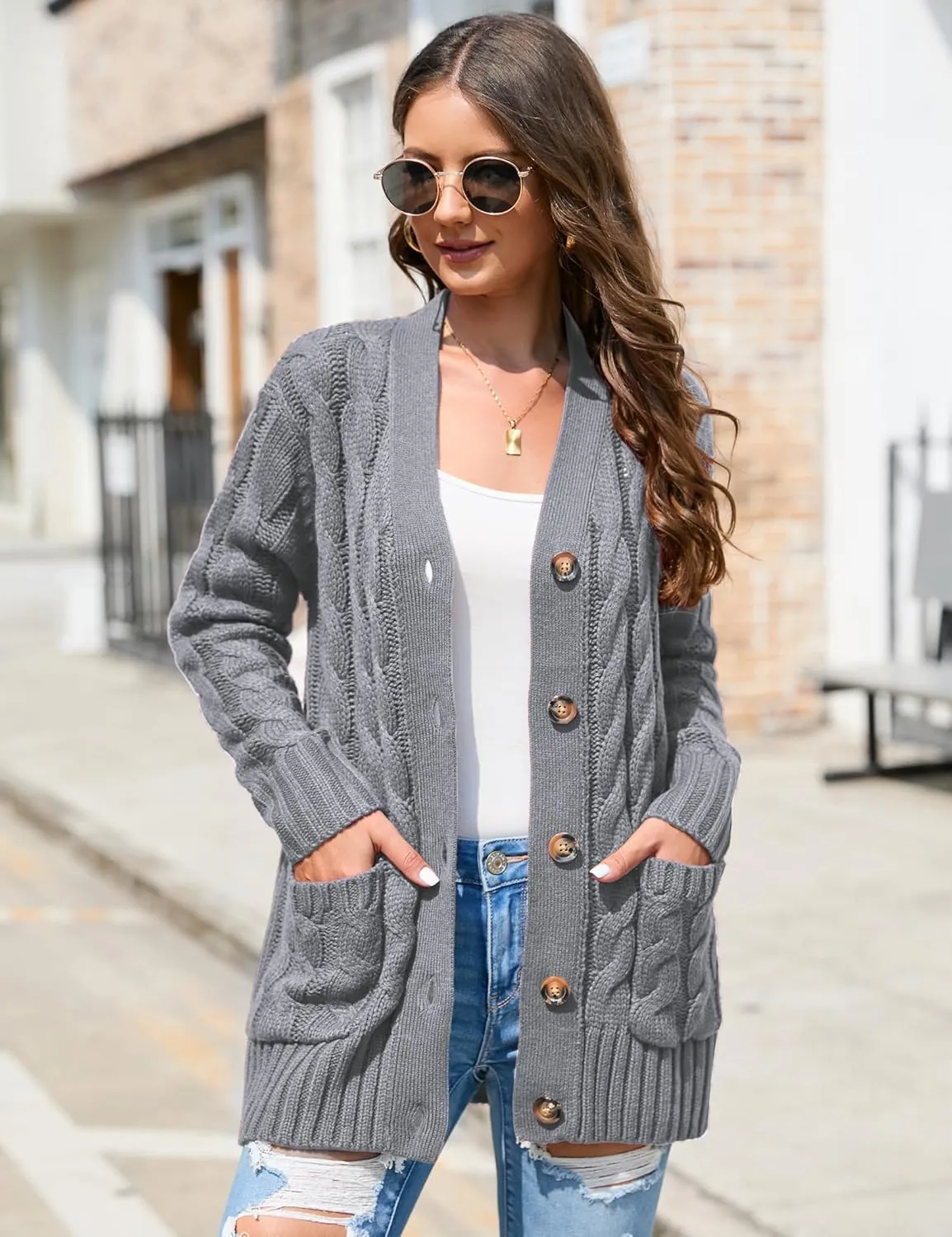 MISSKY Women's Open Front Cardigan Sweater with Pockets Long Sleeve Cable Knit Button Loose Cardigan Sweater Outwear