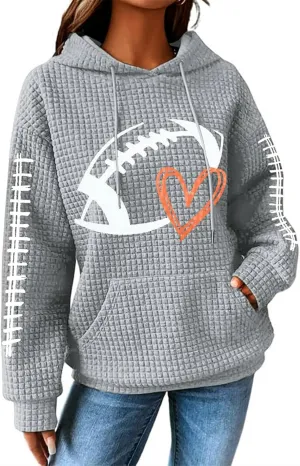 Mmoneyake Game Day Hooded Sweatshirt Women Funny Football Graphic Shirt Waffle Knit Hoodies Long Sleeve Fall Pullover Tops