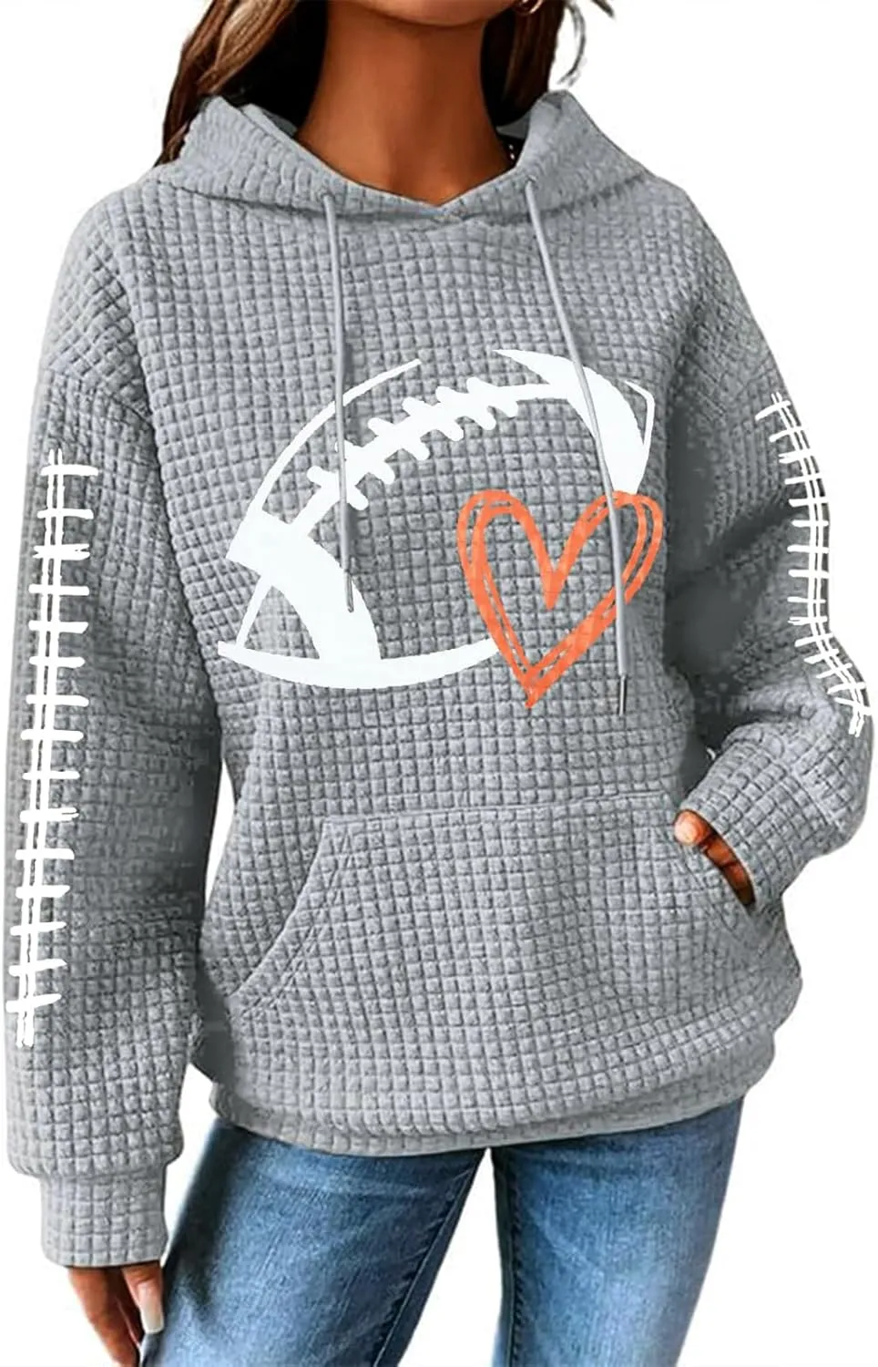 Mmoneyake Game Day Hooded Sweatshirt Women Funny Football Graphic Shirt Waffle Knit Hoodies Long Sleeve Fall Pullover Tops