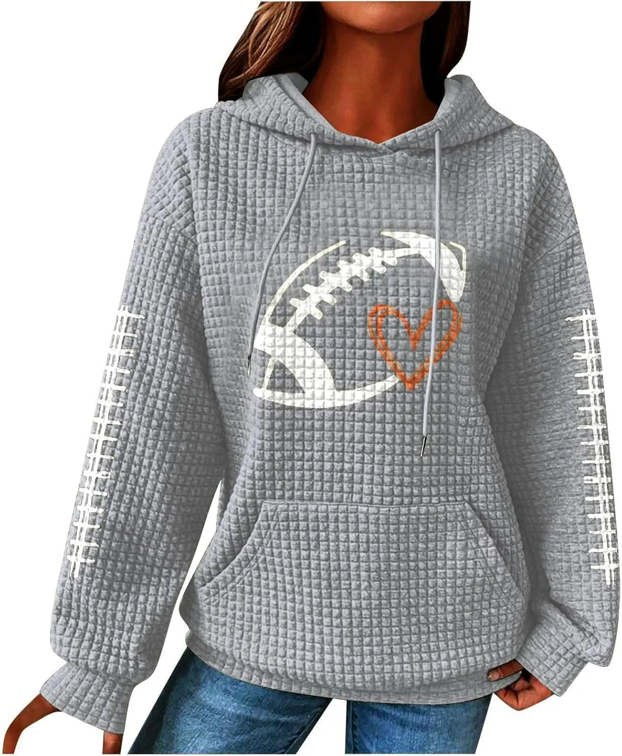 Mmoneyake Game Day Hooded Sweatshirt Women Funny Football Graphic Shirt Waffle Knit Hoodies Long Sleeve Fall Pullover Tops