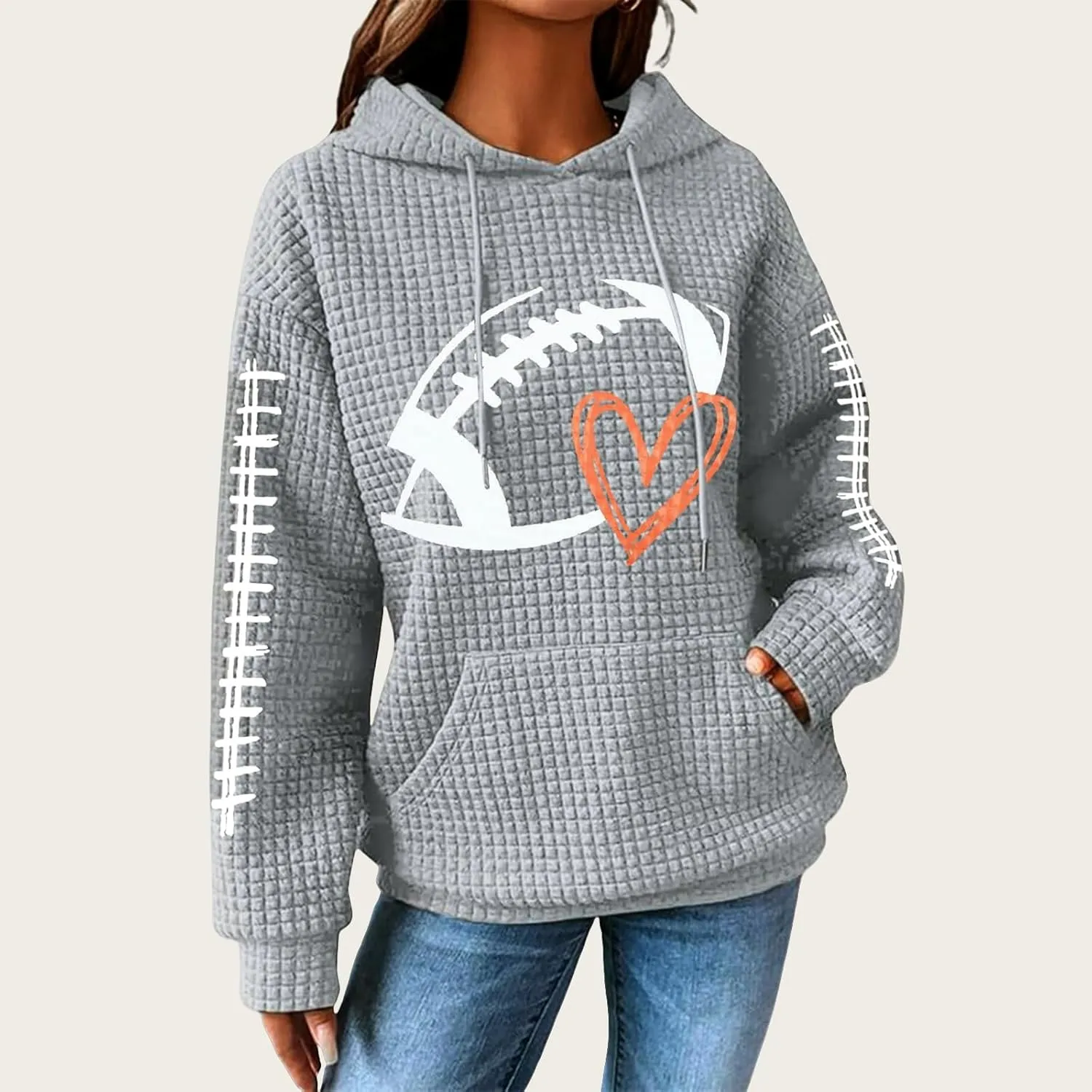 Mmoneyake Game Day Hooded Sweatshirt Women Funny Football Graphic Shirt Waffle Knit Hoodies Long Sleeve Fall Pullover Tops