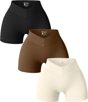 MOLERFO Women 3 Piece Yoga Shorts Ribbed V Shaped High Waist Workout Exercise Shorts Leggings