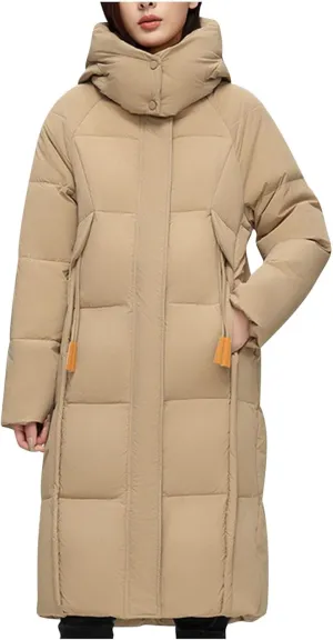 NATHGAM Long Down Coat Women Casual Turtleneck Thicken Winter Warm Hooded Puffer Coat Cotton Padded Zip Long Sleeve Outwears