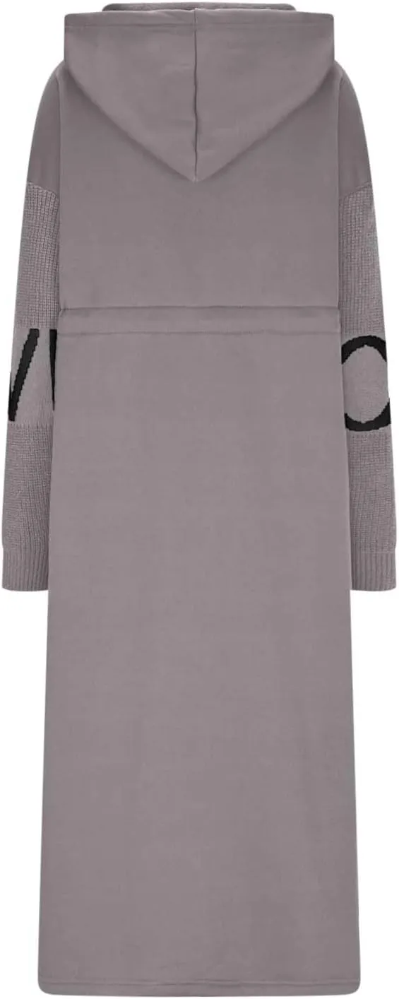 NATHGAM Women Wool Long Trench Coat Casual Oversized Zip Up Knitted Sleeve Hooded Sweatshirts Wool Blend Overcoat with Pocket