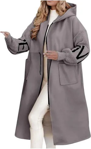 NATHGAM Women Wool Long Trench Coat Casual Oversized Zip Up Knitted Sleeve Hooded Sweatshirts Wool Blend Overcoat with Pocket