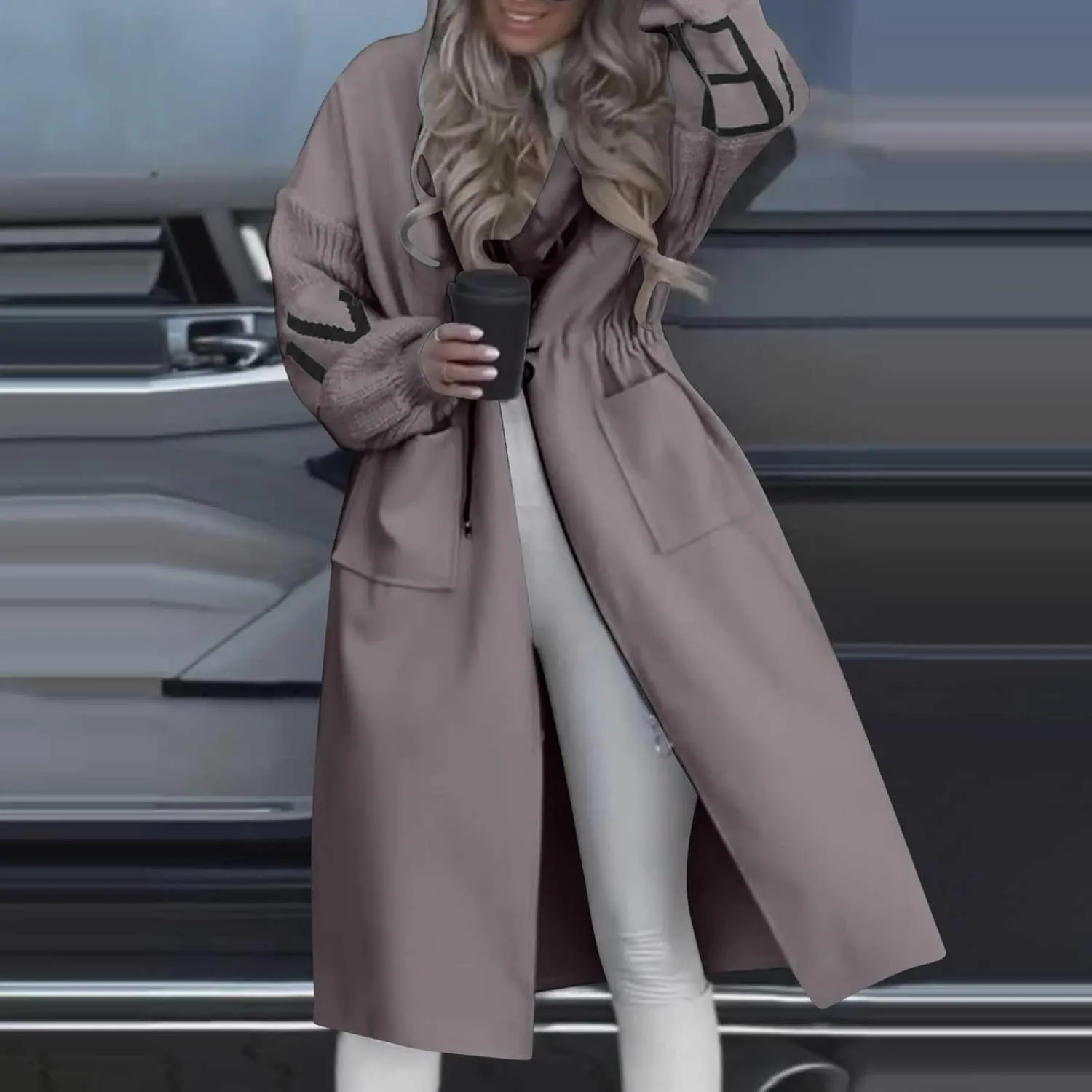 NATHGAM Women Wool Long Trench Coat Casual Oversized Zip Up Knitted Sleeve Hooded Sweatshirts Wool Blend Overcoat with Pocket