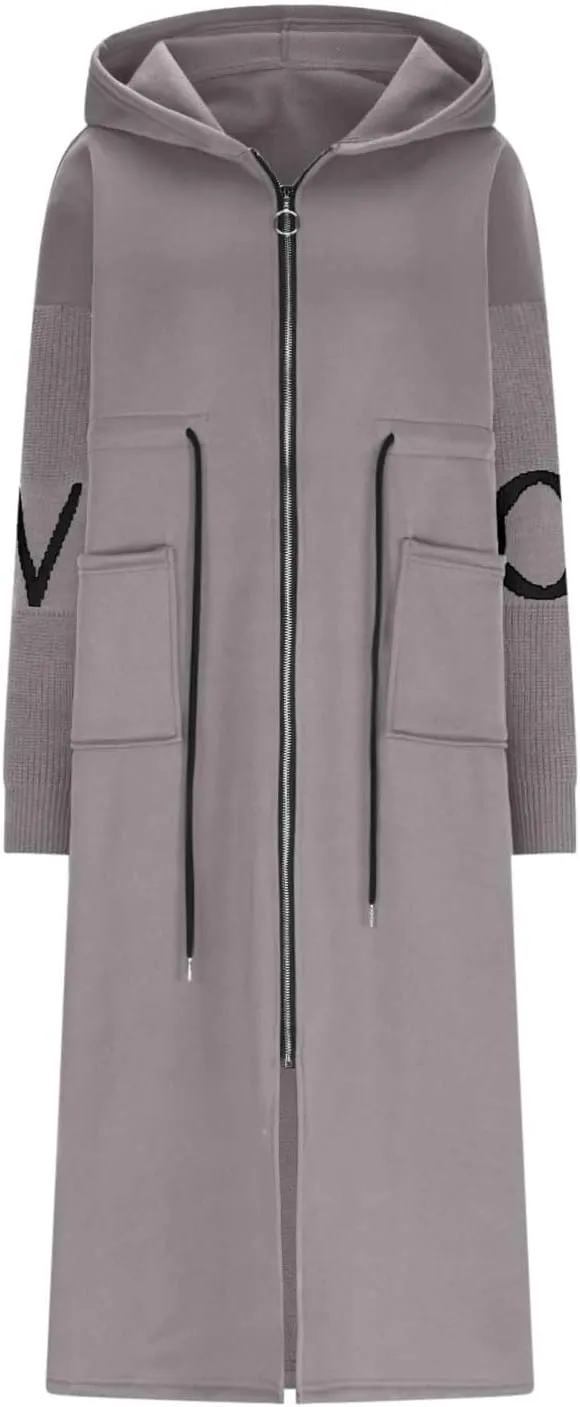 NATHGAM Women Wool Long Trench Coat Casual Oversized Zip Up Knitted Sleeve Hooded Sweatshirts Wool Blend Overcoat with Pocket