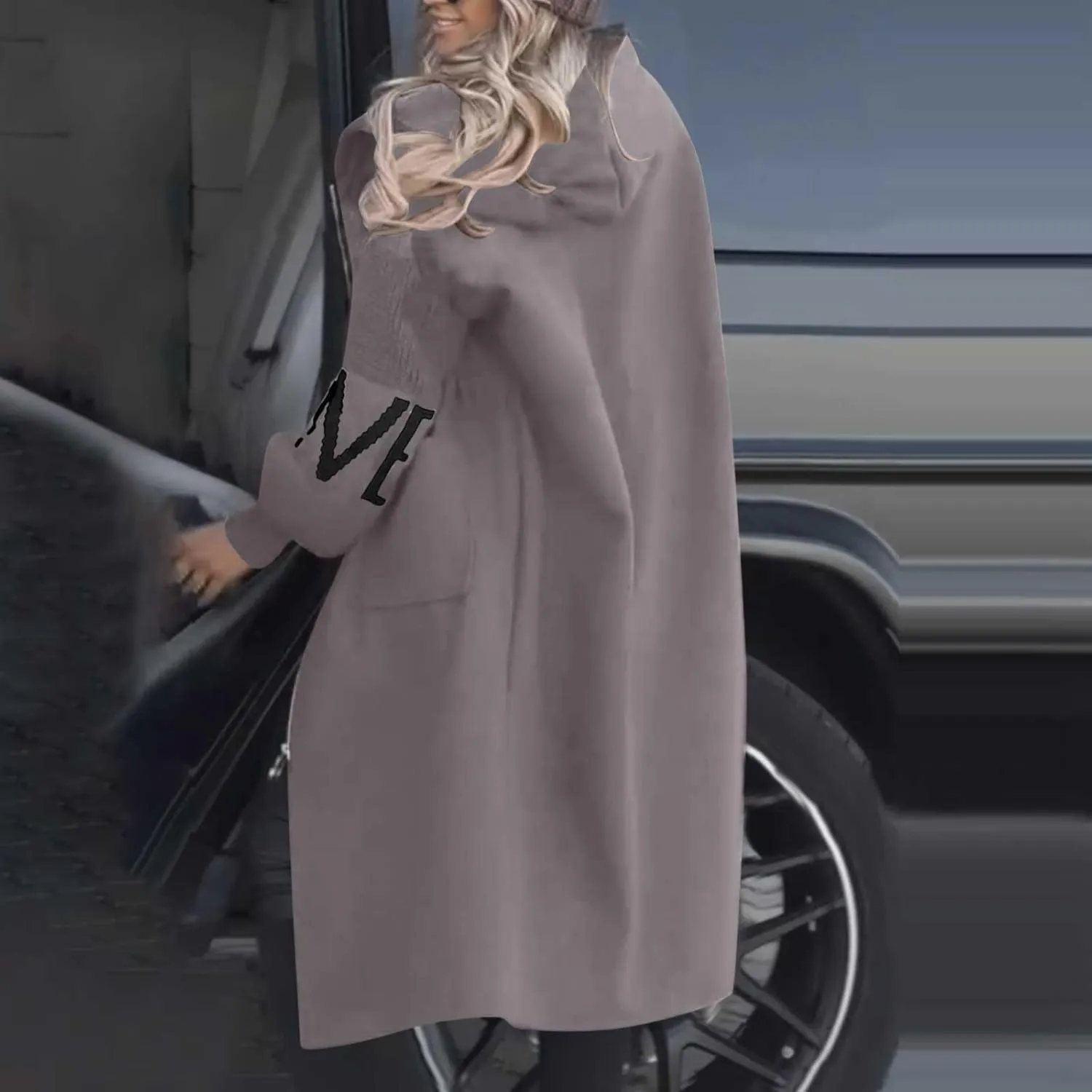 NATHGAM Women Wool Long Trench Coat Casual Oversized Zip Up Knitted Sleeve Hooded Sweatshirts Wool Blend Overcoat with Pocket