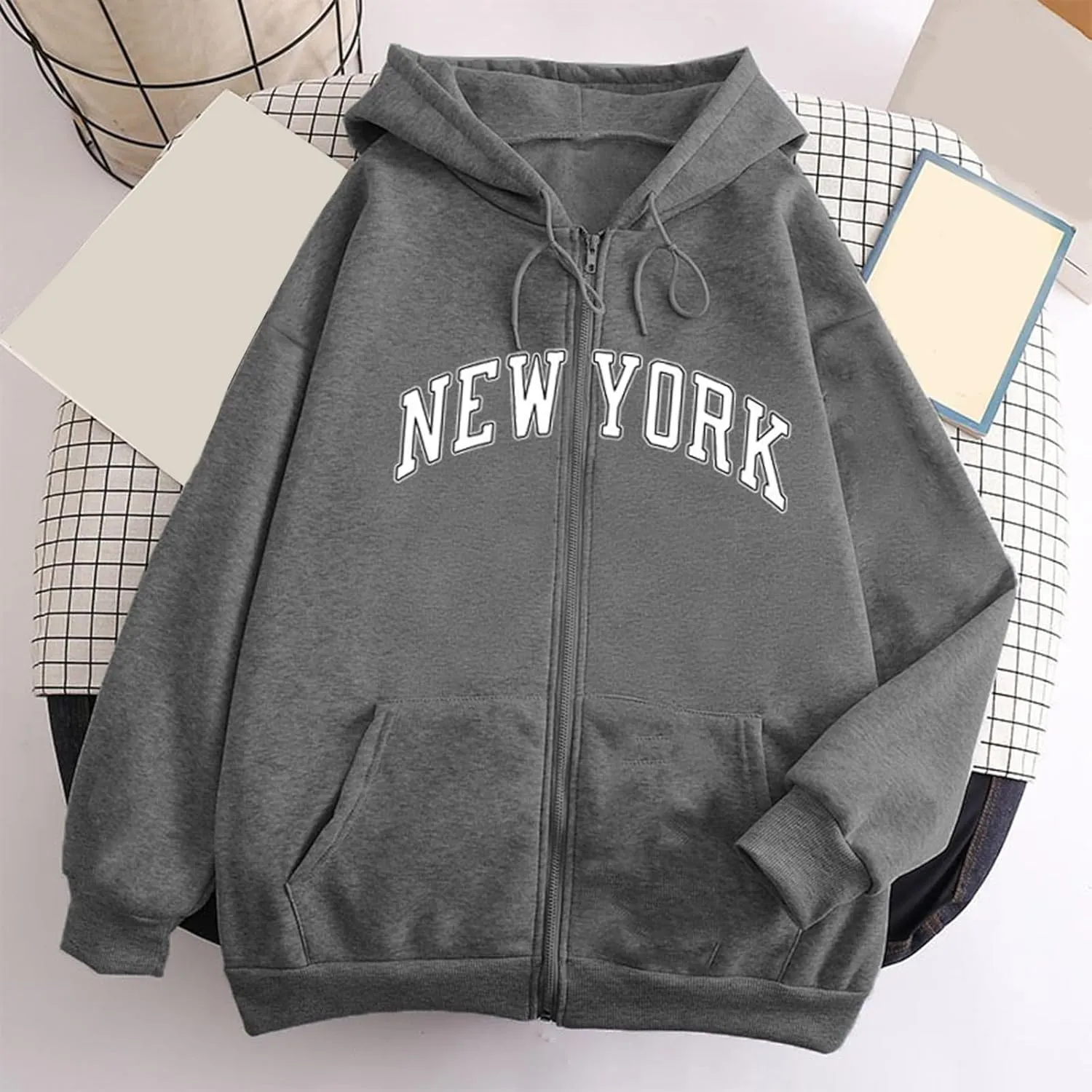 NEW YORK Letter Graphic Hoodies Sweatshirts for Women Zip Up Fall Drawstring Hoodie Jackets Y2K Clothes With Pockets