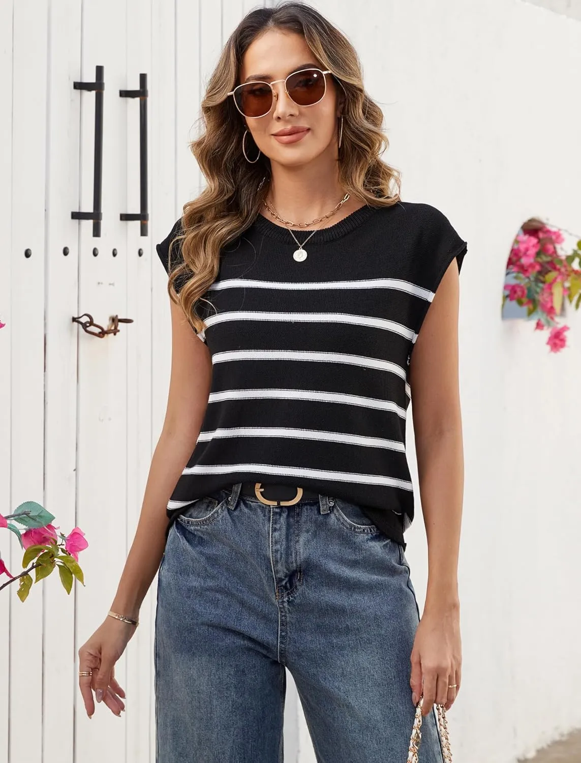 Neweek Women's Cap Sleeve Sweater Vest Crew Neck Sleeveless Casual Knit Tops 2025 Summer Clothes S-XXL