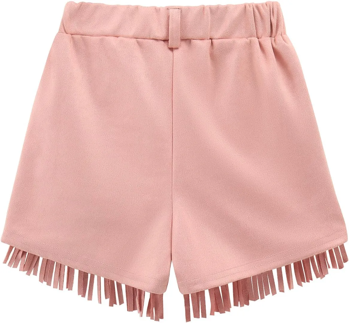 Noomelfish Kids Faux Suede Fringe Shorts Tassel Cowgirl Outfits with Pockets (5-12 Years)