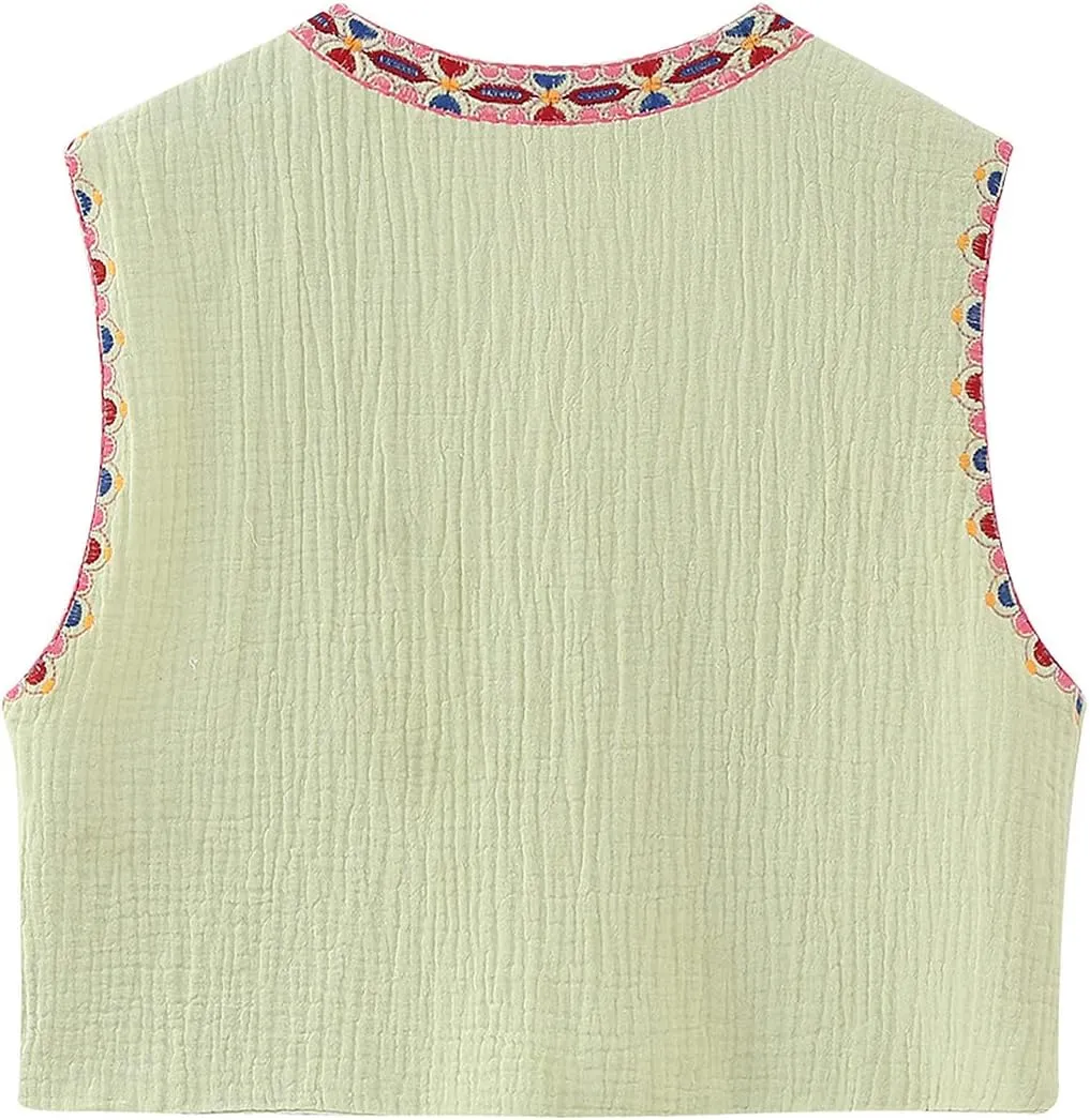 NUFIWI Women Vintage Embroidered Floral Vest Top Y2k Sleeveless Open Front Crop Vest Boho Floral Waistcoat Jacket