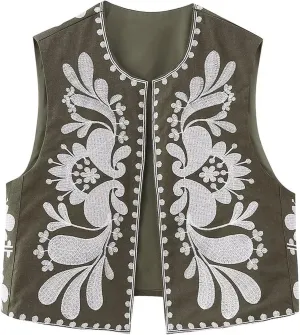 NUFIWI Women Vintage Embroidered Floral Vest Top Y2k Sleeveless Open Front Crop Vest Boho Floral Waistcoat Jacket