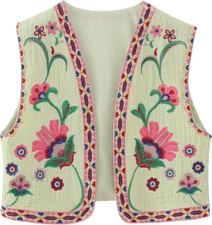 NUFIWI Women Vintage Embroidered Floral Vest Top Y2k Sleeveless Open Front Crop Vest Boho Floral Waistcoat Jacket