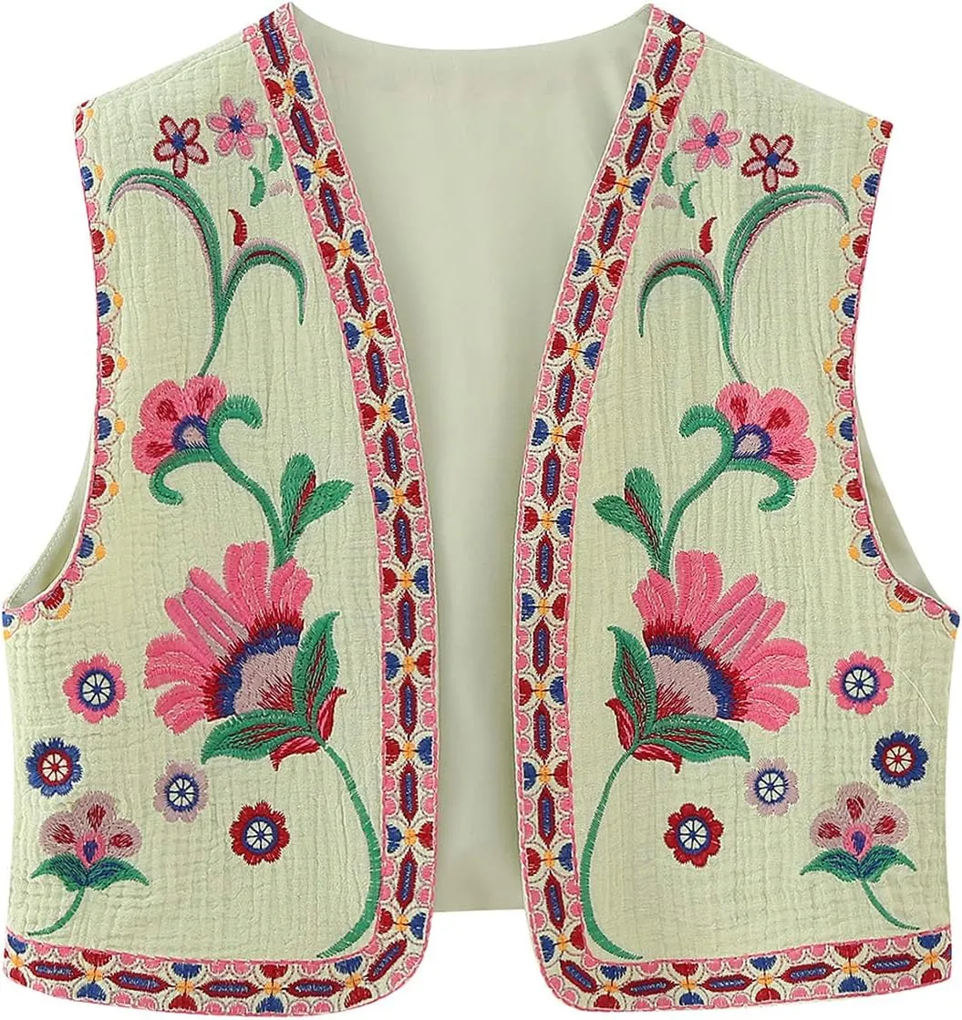 NUFIWI Women Vintage Embroidered Floral Vest Top Y2k Sleeveless Open Front Crop Vest Boho Floral Waistcoat Jacket