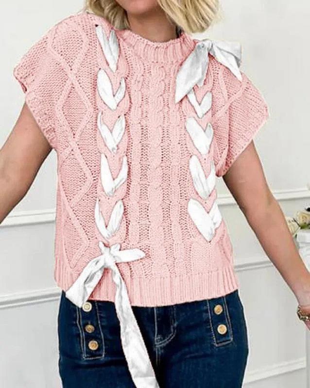 NUFIWI Womens Y2K Ribbon Bow Sweater Vest Chunky Cap Sleeve Knit Vest with Bows Casual Lace Up Bandage Crochet Knit Tank