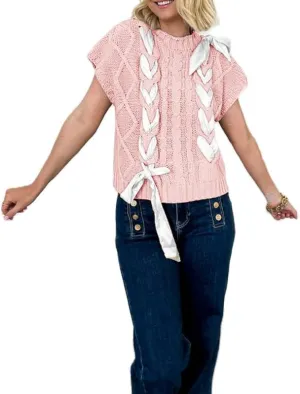 NUFIWI Womens Y2K Ribbon Bow Sweater Vest Chunky Cap Sleeve Knit Vest with Bows Casual Lace Up Bandage Crochet Knit Tank