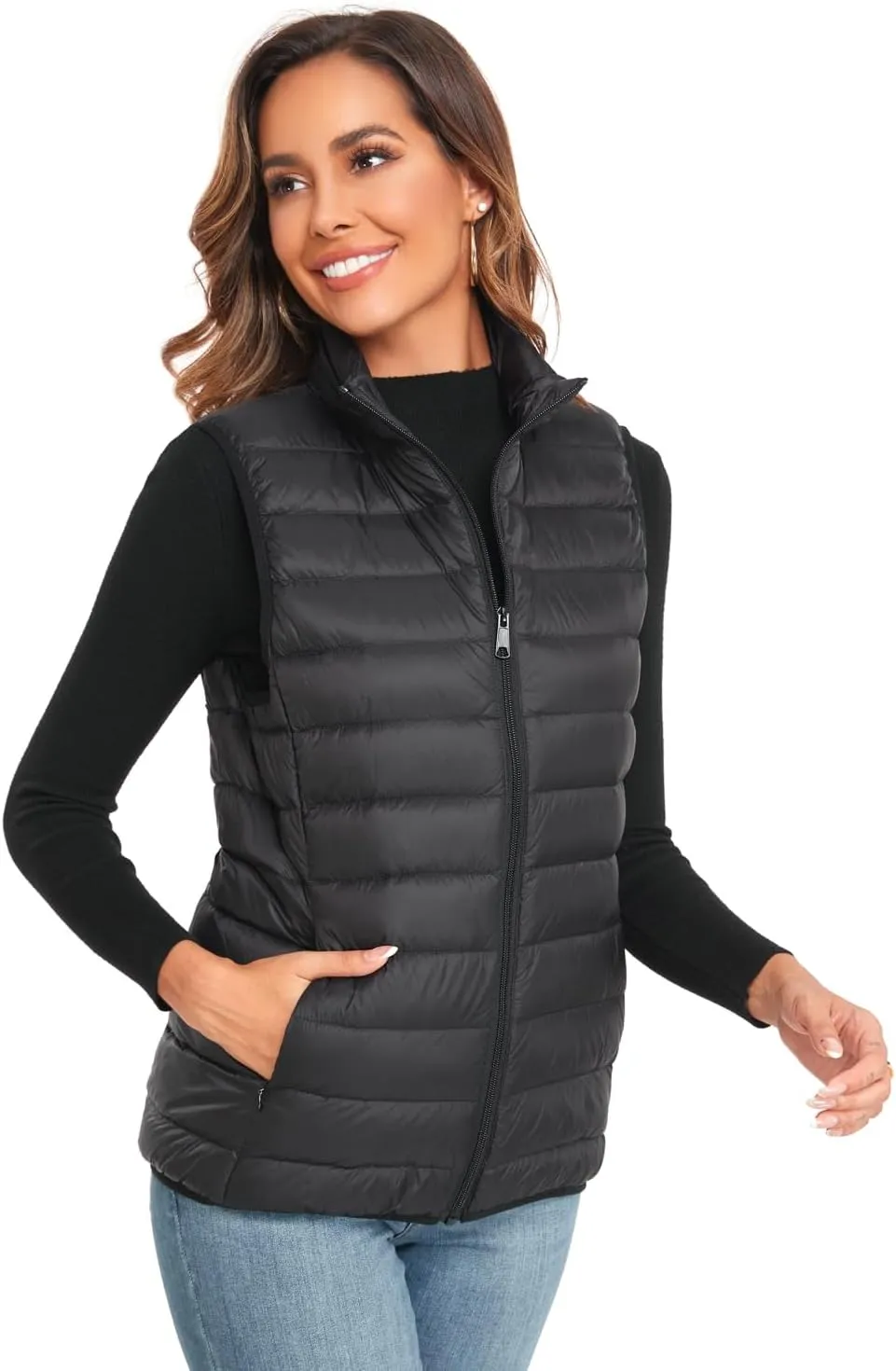Obosoyo Women's Ultra Light Long Down Vest Winter Packable Down Jacket Lightweight Outdoor Puffer Vest Coat