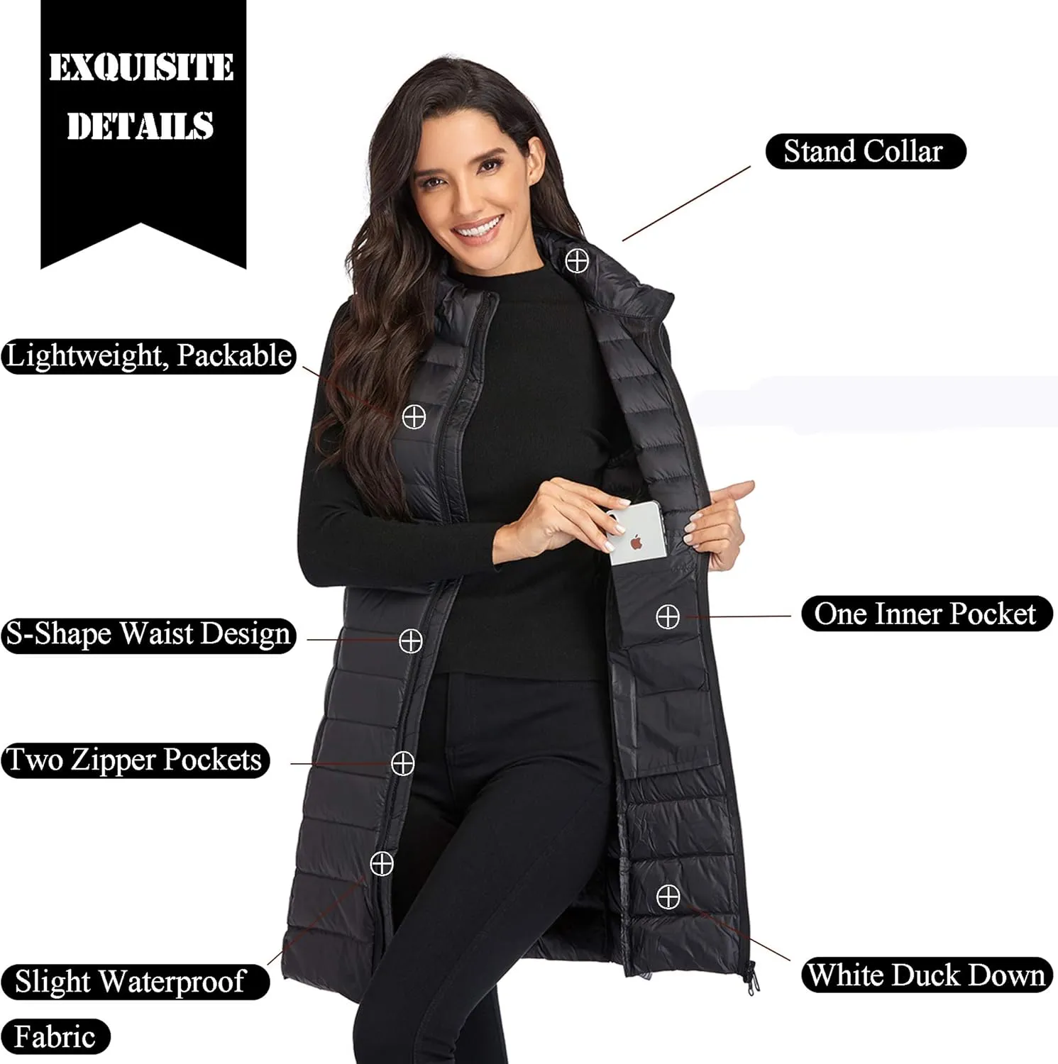 Obosoyo Women's Ultra Light Long Down Vest Winter Packable Down Jacket Lightweight Outdoor Puffer Vest Coat