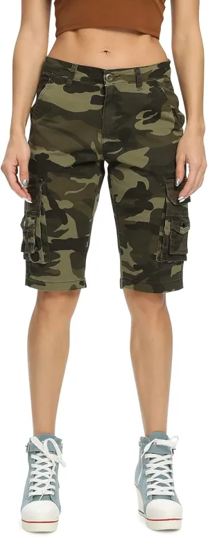 OCHENTA Women's Casual Multi-Pockets Bermuda Cargo Shorts Camo Knee Length Summer Hiking Shorts