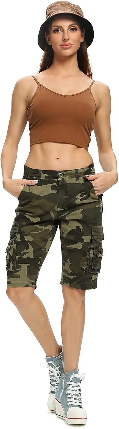 OCHENTA Women's Casual Multi-Pockets Bermuda Cargo Shorts Camo Knee Length Summer Hiking Shorts