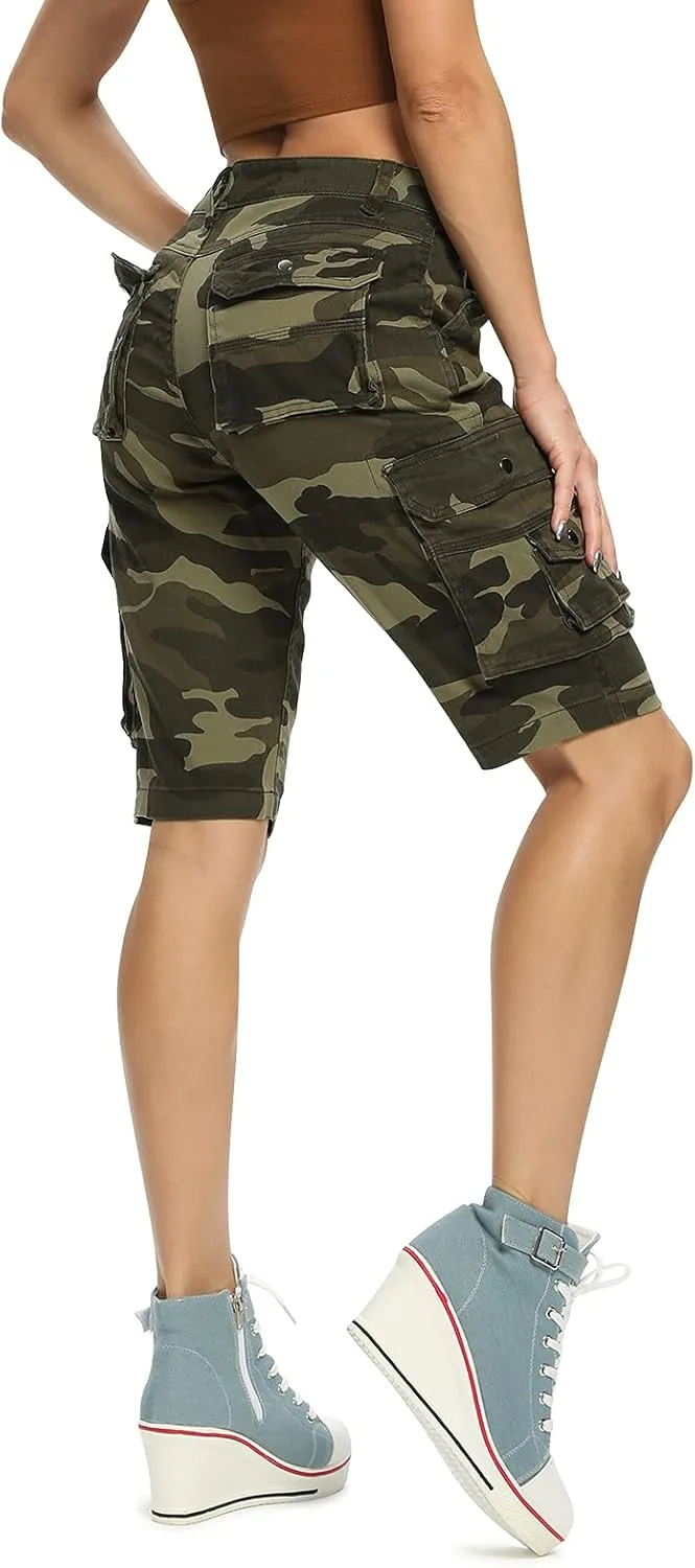 OCHENTA Women's Casual Multi-Pockets Bermuda Cargo Shorts Camo Knee Length Summer Hiking Shorts