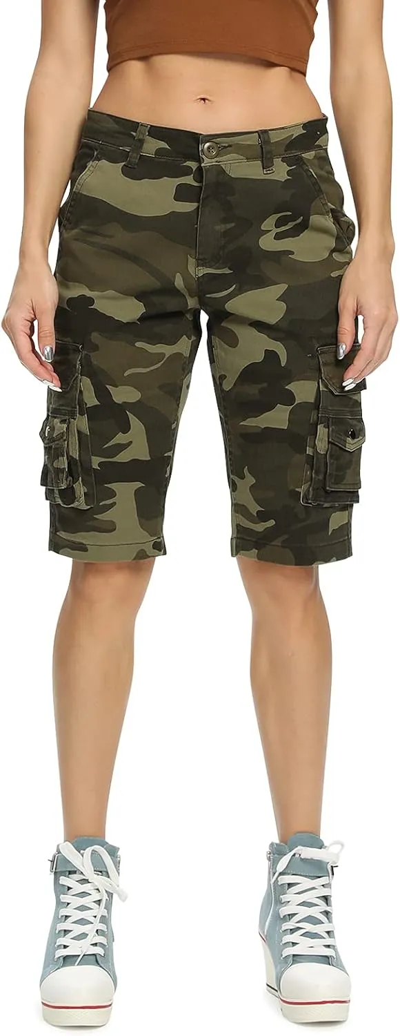OCHENTA Women's Casual Multi-Pockets Bermuda Cargo Shorts Camo Knee Length Summer Hiking Shorts