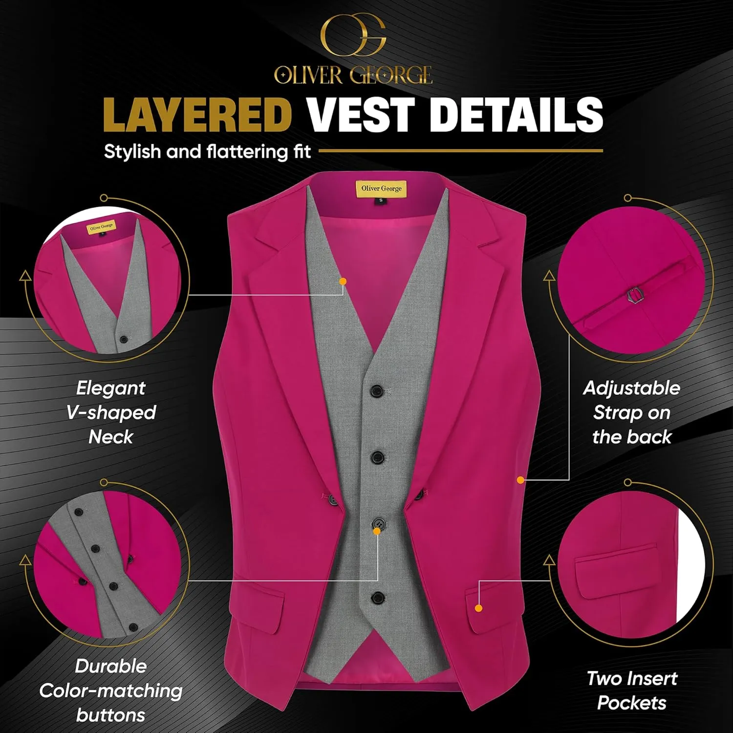 Oliver George Men's Layered Formal Solid Formal Tuxedo Dress Vest Waistcoat Business Vest for Suit or Tuxedo