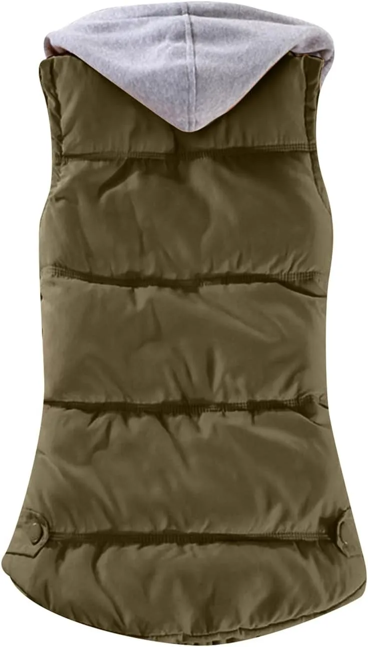 OMZIN Winter Hooded Vest Puffer Sleeveless Outwear Pockets Cotton Casual Vest