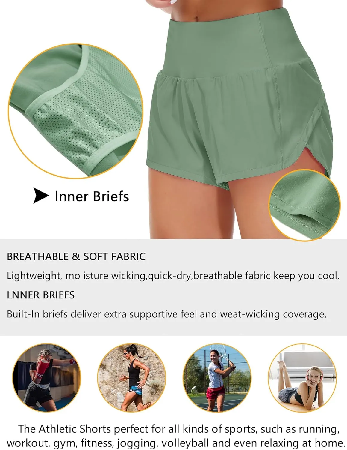 Origiwish Women's High Waisted Running Shorts with Liner Quick Dry Athletic Workout Shorts Zipper Pockets