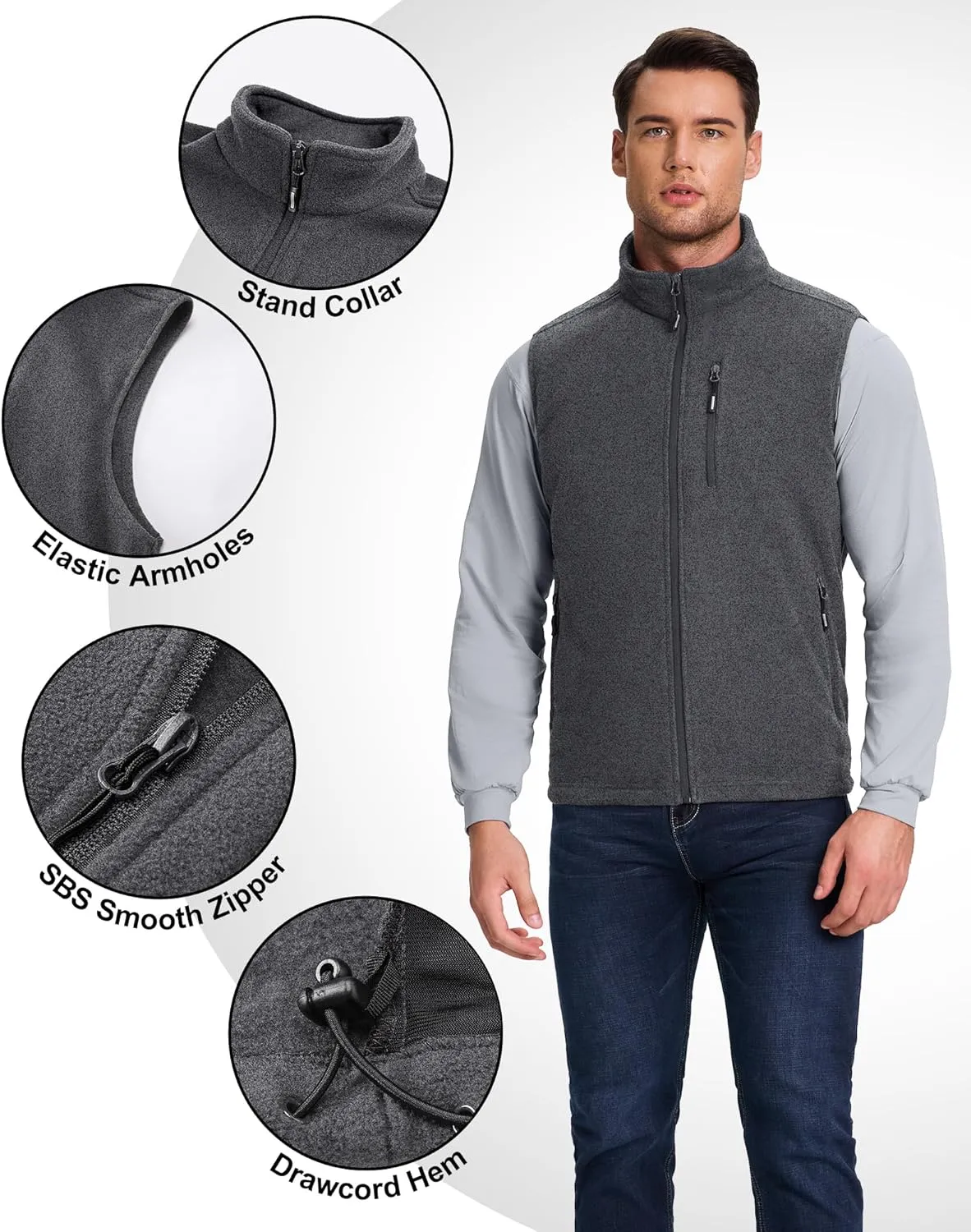 Outdoor Ventures Men's Full-Zip Lightweight Polar Fleece Vest Outerwear with 5 Pockets Warm Winter Sleeveless Jacket Casual