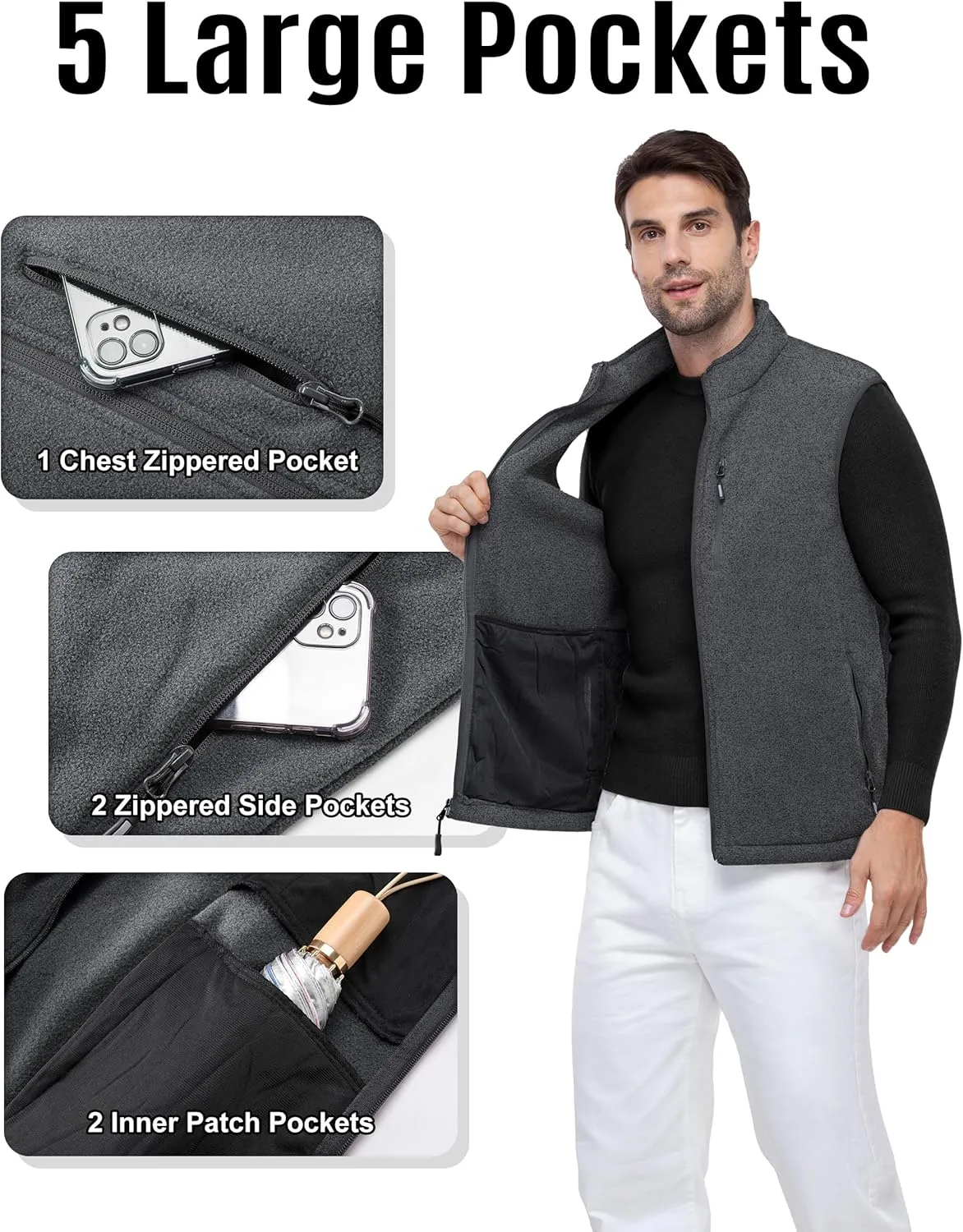 Outdoor Ventures Men's Full-Zip Lightweight Polar Fleece Vest Outerwear with 5 Pockets Warm Winter Sleeveless Jacket Casual