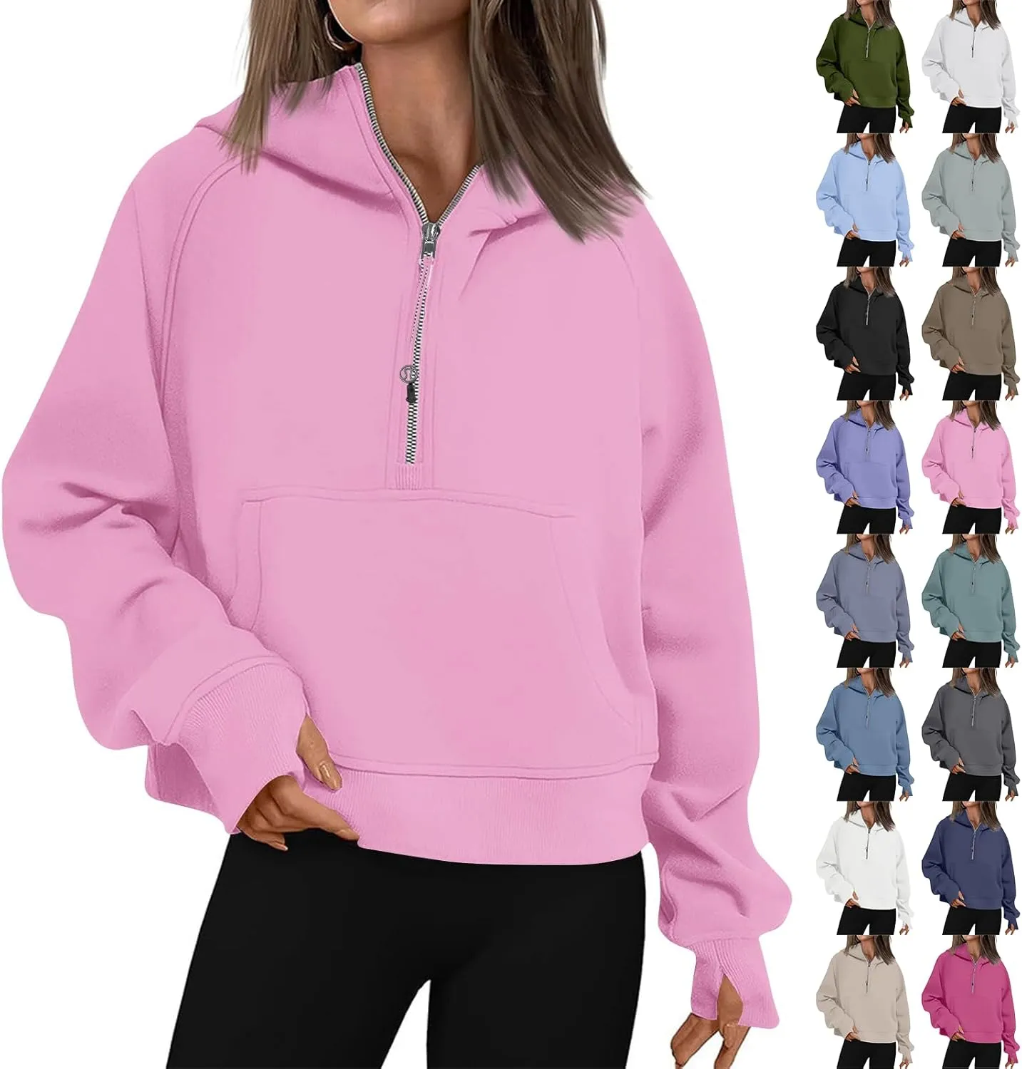 Oversized Hoodie Women Fleece Lined Thumb Hole Cropped Half Zip Sweatshirt Drop Shoulder Long Sleeve Going Out Tops