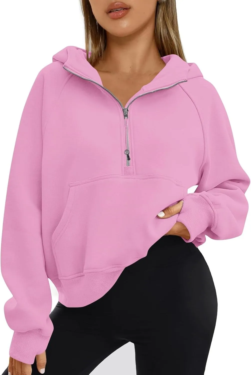Oversized Hoodie Women Fleece Lined Thumb Hole Cropped Half Zip Sweatshirt Drop Shoulder Long Sleeve Going Out Tops