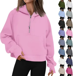 Oversized Hoodie Women Fleece Lined Thumb Hole Cropped Half Zip Sweatshirt Drop Shoulder Long Sleeve Going Out Tops