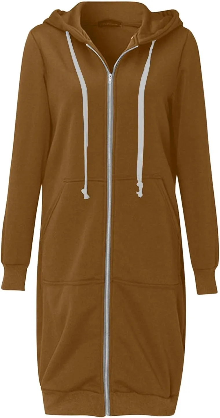 Oversized Hoodies for Women Zip Up Knee Length Tunic Sweatshirts Casual Long Sleeve Spring Hooded Jackets with Pocket