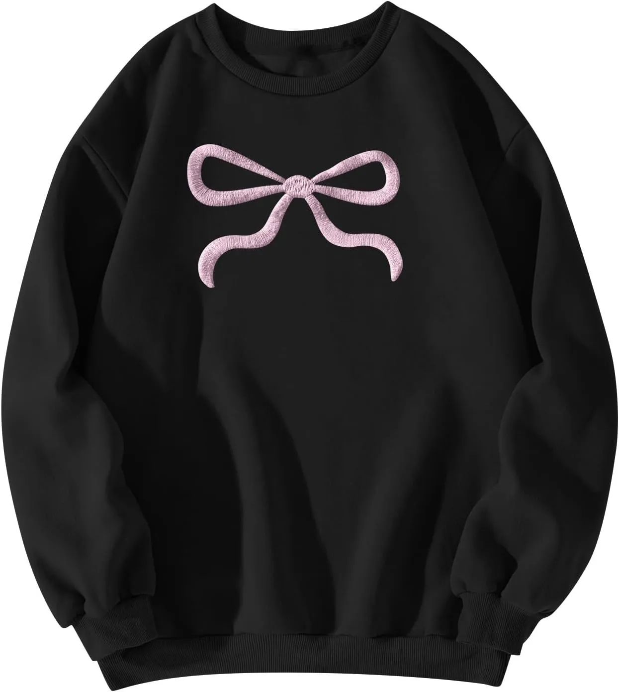 Oversized Sweatshirt for Women Fleece Bow Print Crewneck Sweatshirts Long Sleeve Drop Shoulder Comfy Cotton Pullover