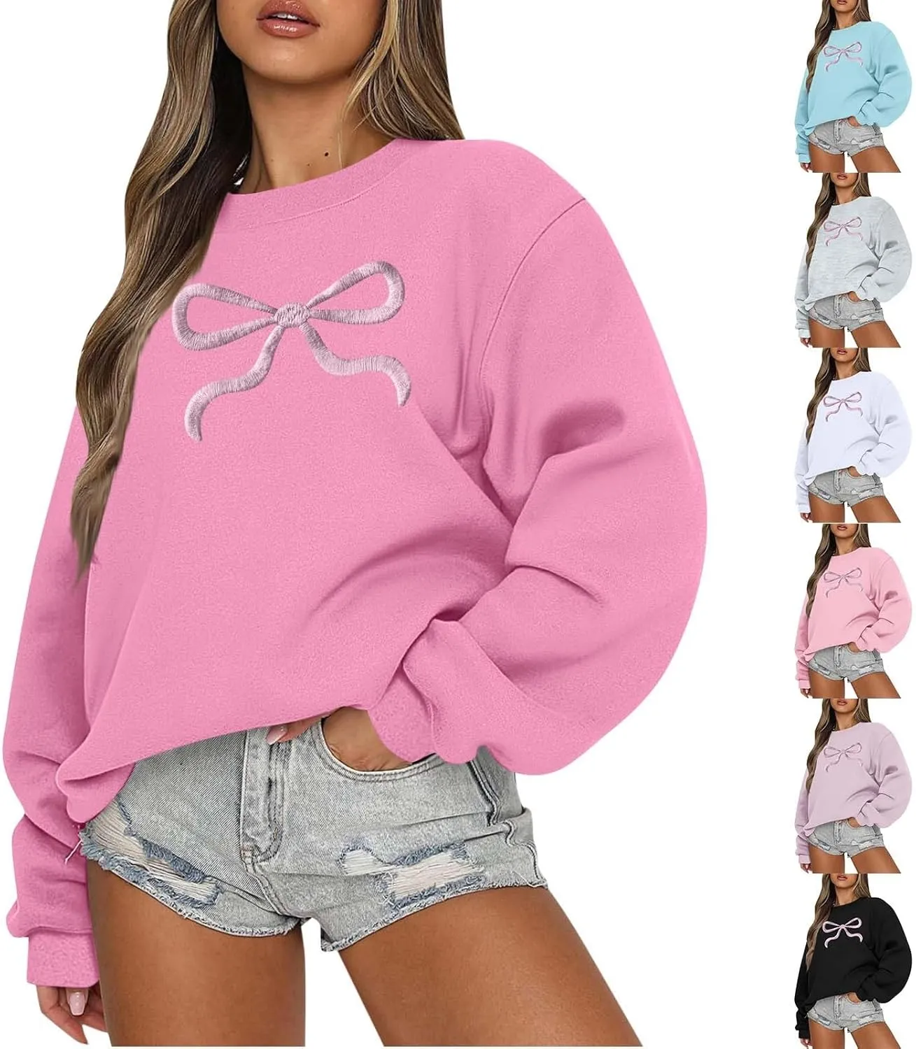 Oversized Sweatshirt for Women Fleece Bow Print Crewneck Sweatshirts Long Sleeve Drop Shoulder Comfy Cotton Pullover