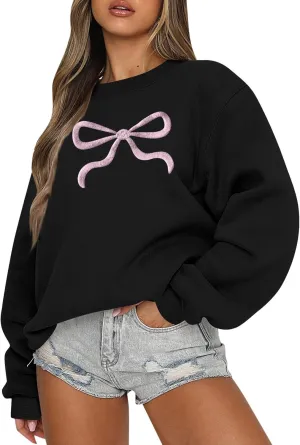Oversized Sweatshirt for Women Fleece Bow Print Crewneck Sweatshirts Long Sleeve Drop Shoulder Comfy Cotton Pullover