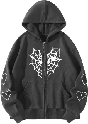 Oversized Y2K Zip Up Hoodie for Women Men Gothic Spider Web Heart Graphic Sweatshirt Punk Harajuku Alt Emo Streetwear