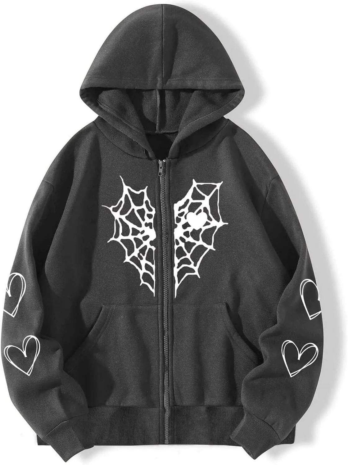 Oversized Y2K Zip Up Hoodie for Women Men Gothic Spider Web Heart Graphic Sweatshirt Punk Harajuku Alt Emo Streetwear